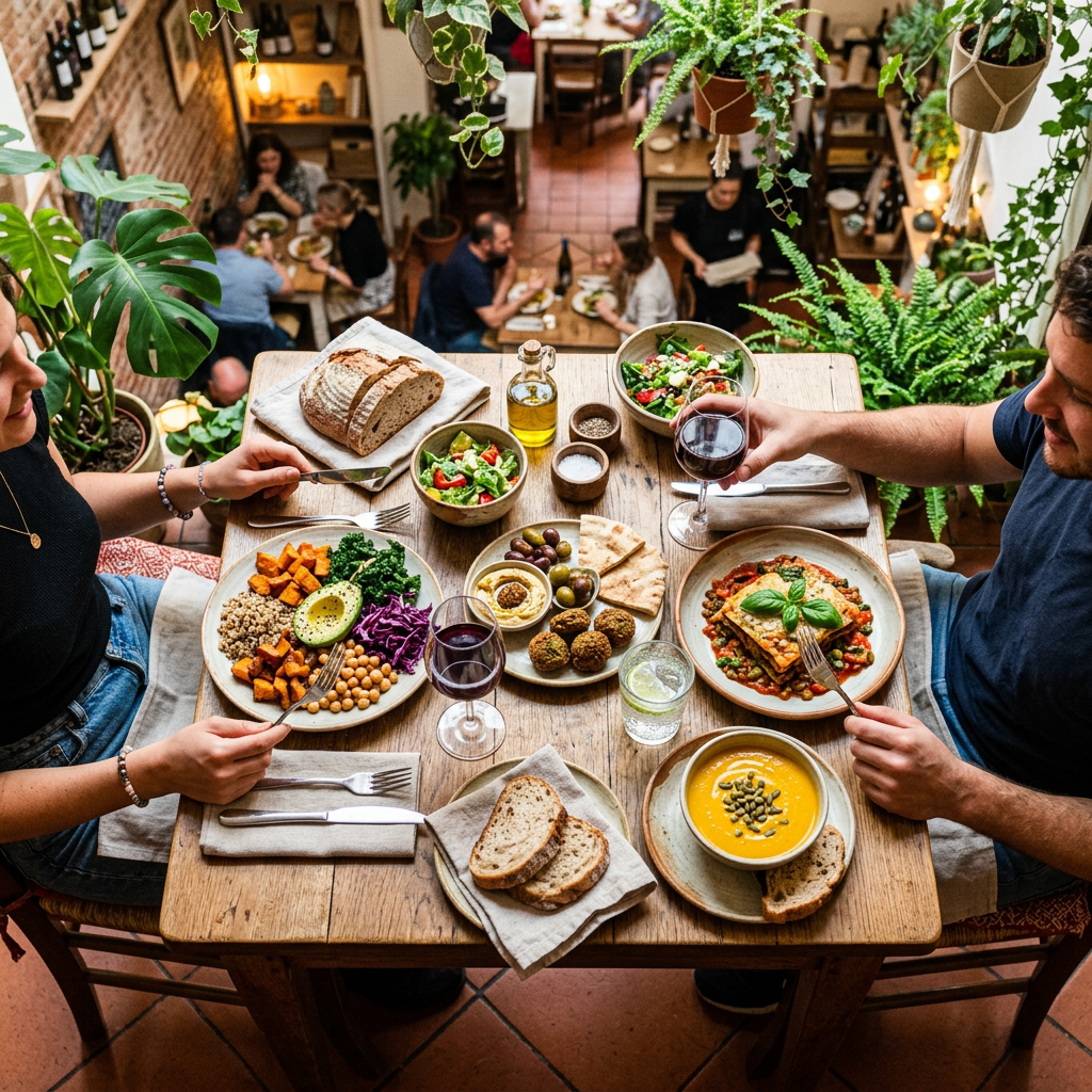 Table with healthy vegetarian dishes, bread, red wine, and two people dining in a plant-filled café.