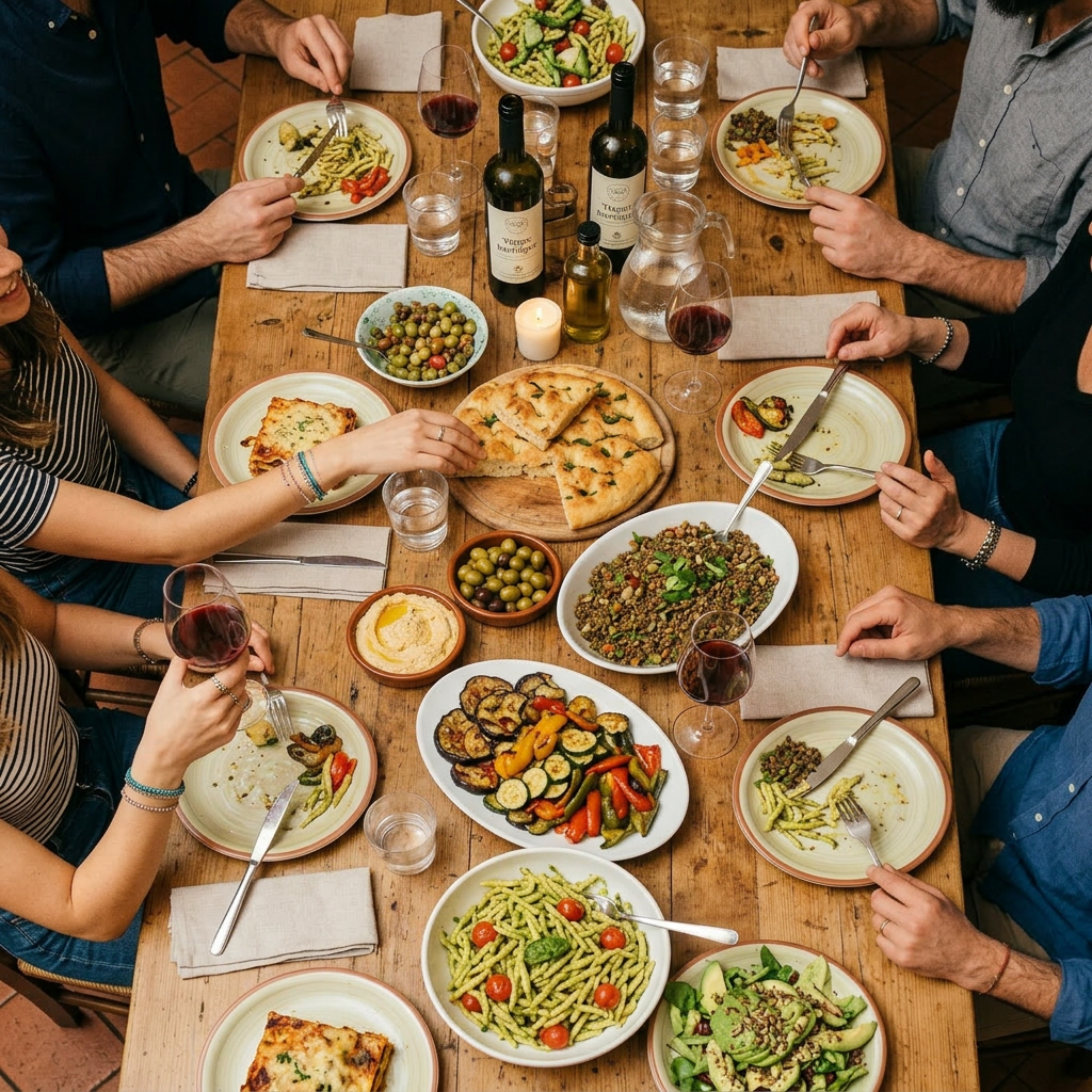 Seven friends dining together with Italian food and wine at a wooden table in a cozy restaurant