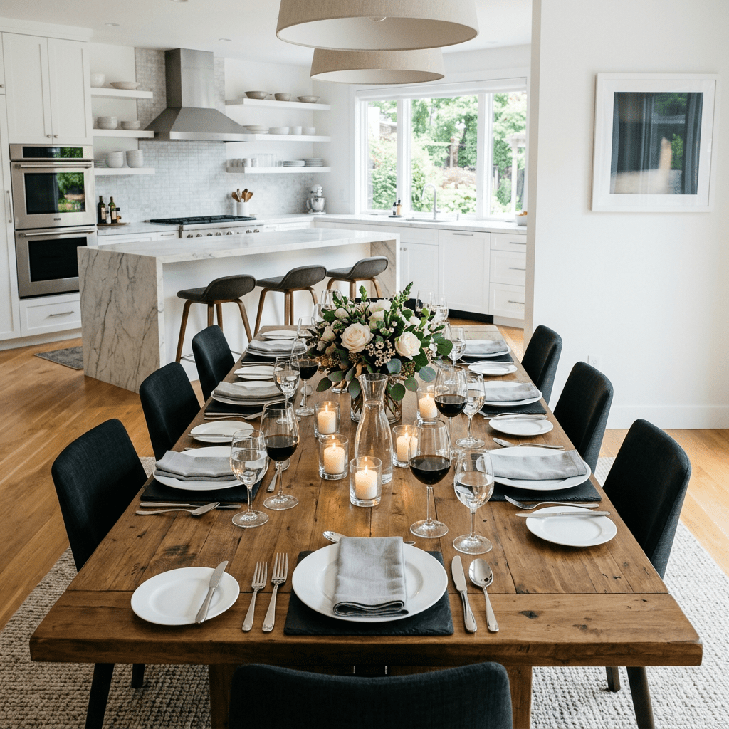 Formal table for 8, modern white kitchen background