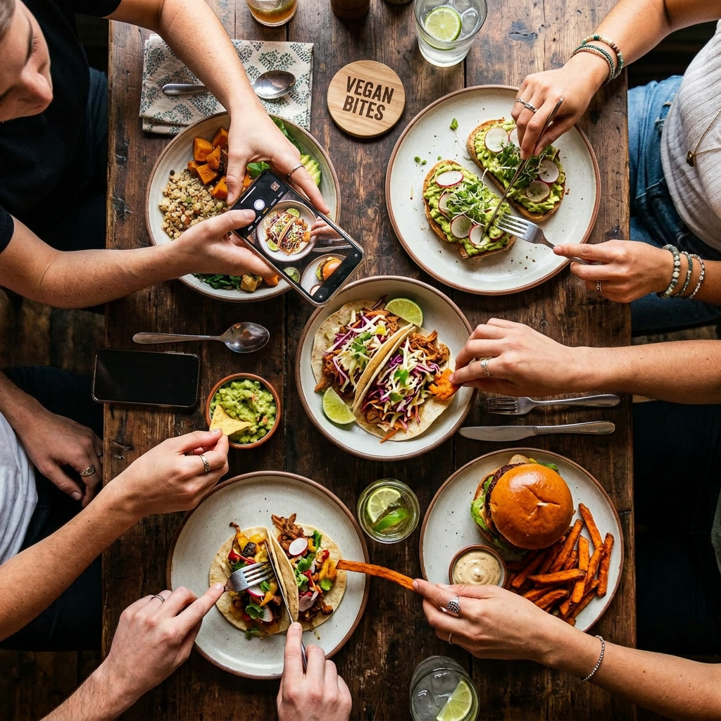 Four people sharing vegan meals including salads, avocado toast, tacos, burger, and sweet potato fries