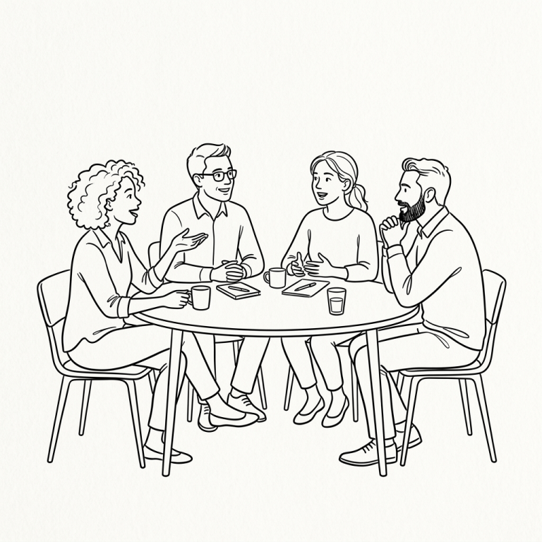 Four people sitting at a round table talking, with notepads and drinks.