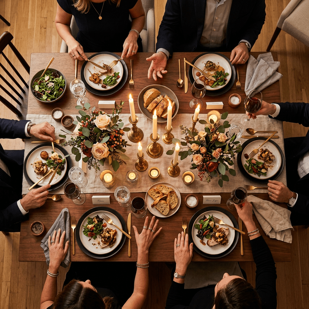 Dinner table set with plates of food, wine glasses, candles, and floral arrangements with people seated around
