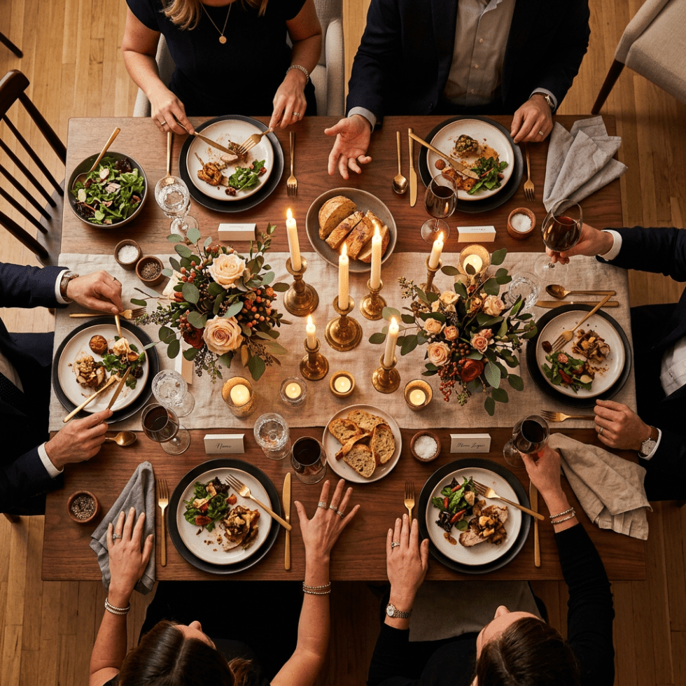 Dinner table set with plates of food, wine glasses, candles, and floral arrangements with people seated around