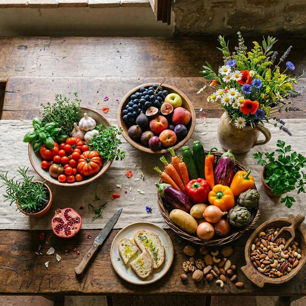 Fresh fruits, vegetables, herbs, bread with honey, and flowers arranged on a rustic wooden table