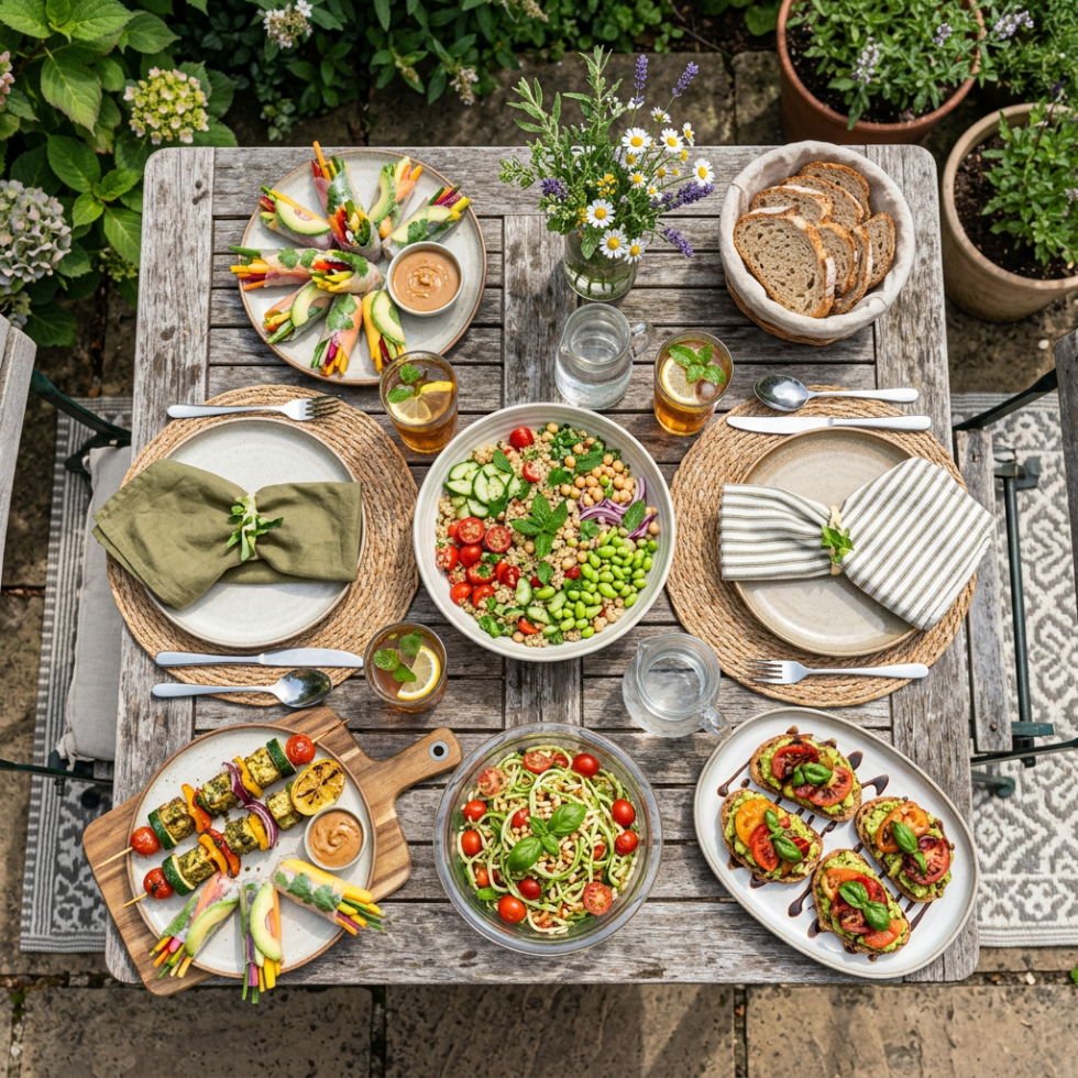 Plant-based meal with vegetable spring rolls, salad, vegetable skewers, zucchini noodles, avocado tomato toasts, bread, and iced drinks on a rustic wooden table outdoors